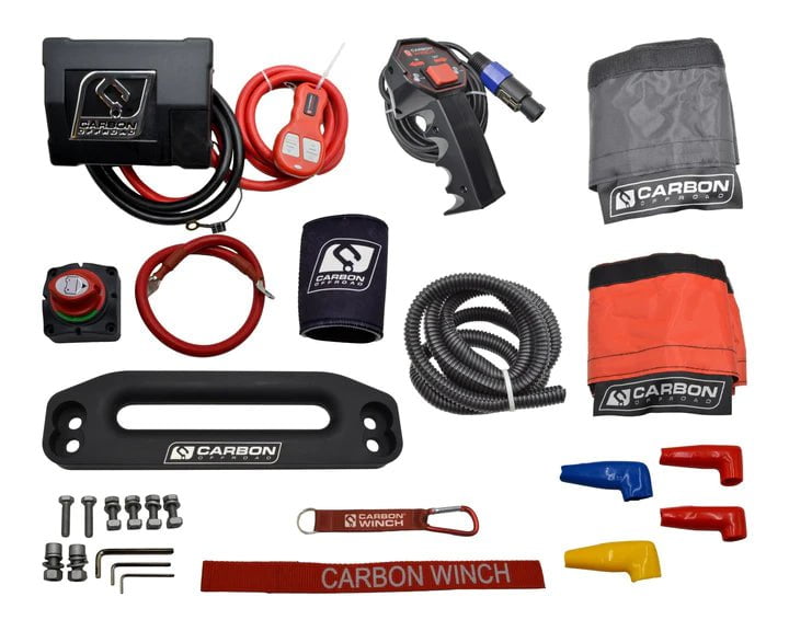 Carbon Winches Winch Carbon 12K 12000lb Electric Winch With Black Rope & Red Hook VER. 3