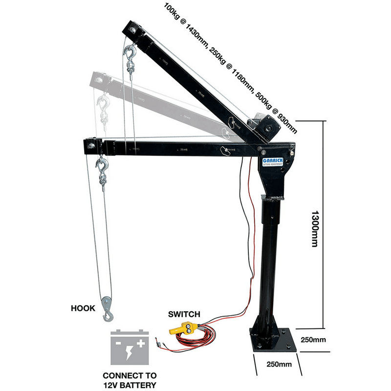 Garrick and Herbeat Cranes & Lifting Garrick 12 Volt 500/800kg Capacity Swivel Ute Crane - UTECRANE500