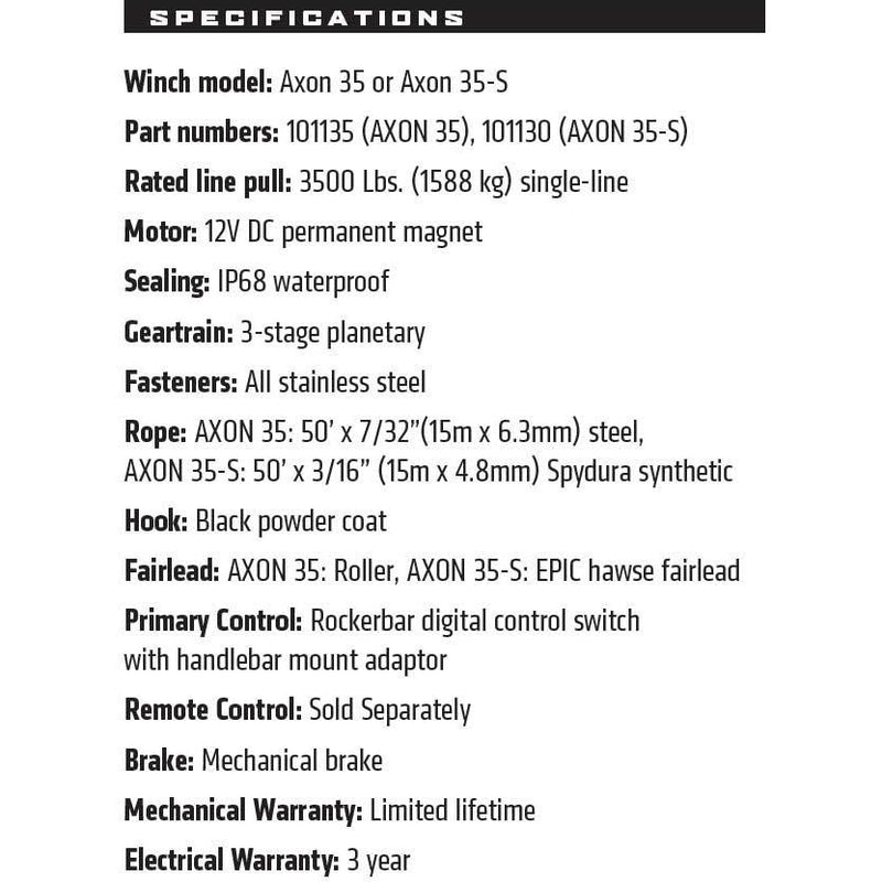 Warn Winch Warn AXON 35 ATV WINCH 15m Wire Rope