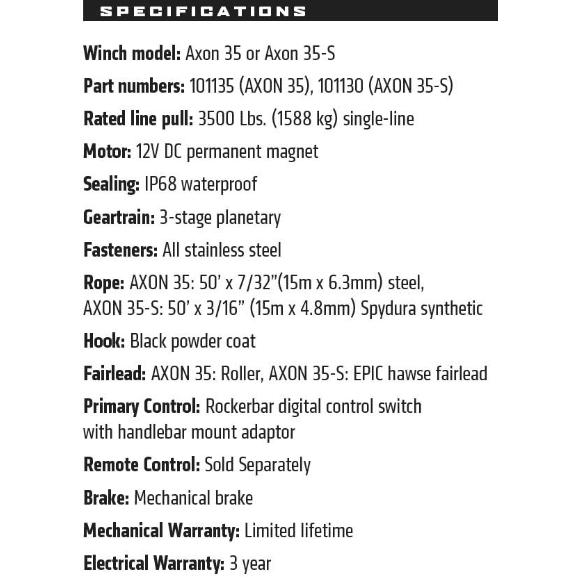 Winchworld Warn AXON 35-S ATV Winch - 15m Synthetic Rope